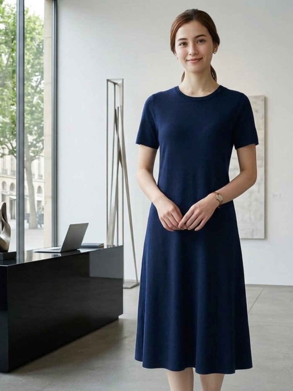 Uniqlo Navy Midi Short Sleeve Crewneck Dress